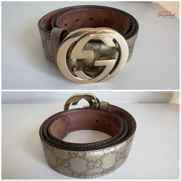 Authentic Gucci Cream Guccissima Leather Gold Interlocking G Buckle Belt 85/34 - Picture 3 of 13